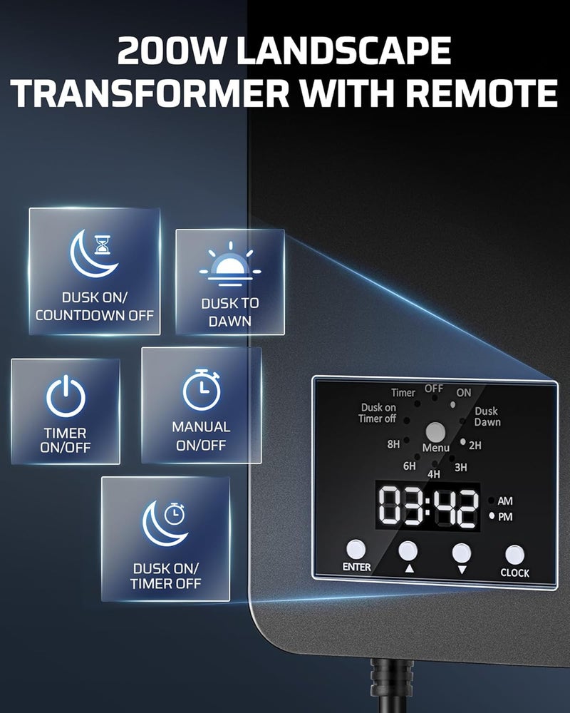 DEWENWILS 200W Low Voltage Landscape Transformer, 120V AC to 15V DC, Outdoor Landscape Lighting Transformer with Remote, Photocell Sensor & Timer, Weatherproof for Garden Spotlights Pathway Lights - Image 3